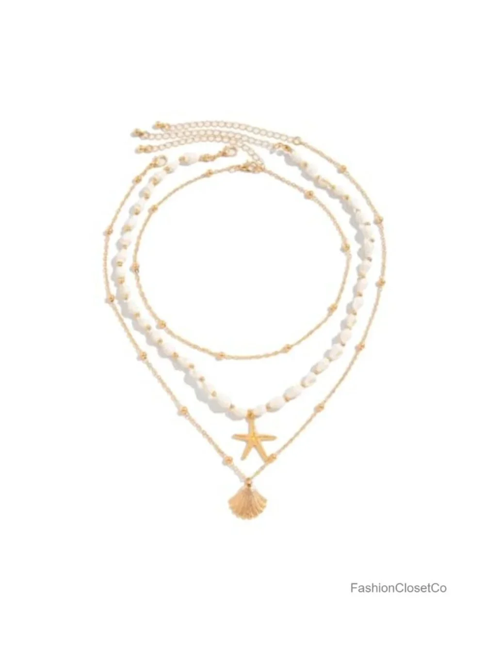 Layered Seashell Pearl Beach Necklace Gold-Tone Bohemian Dainty Summer Jewelry